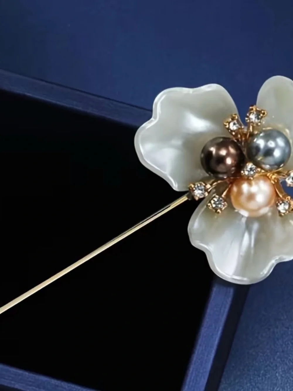 Pearl Floral Brooch Pin - Multicolor Pearls on White Flower NEW With Box